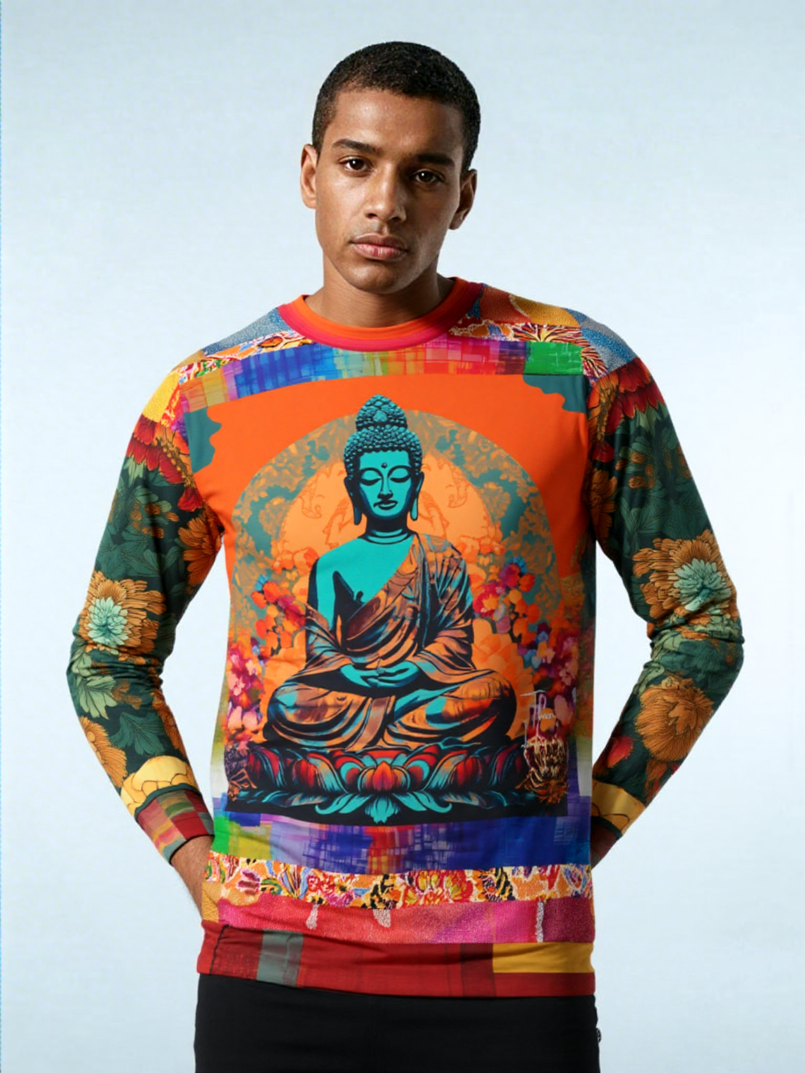 Buddha Nested in Flowers Patchwork Print Unisex Sweatshirt (Gold Label)