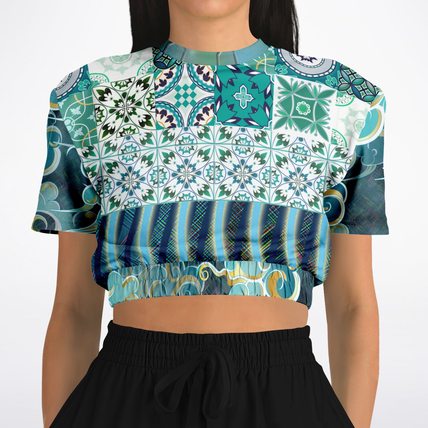 Green Meknes Mosaic Tile Eco-Poly Short Sleeve Cropped Pullover