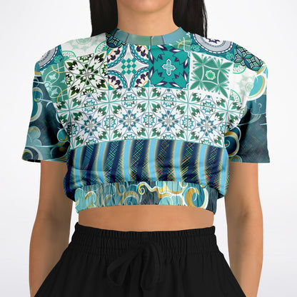 Green Meknes Mosaic Tile Eco-Poly Short Sleeve Cropped Pullover
