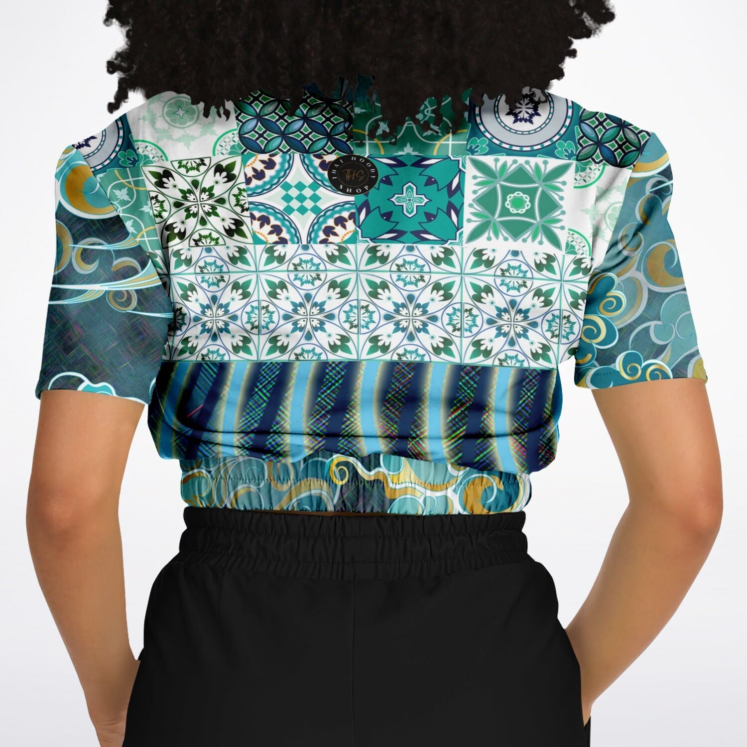 Green Meknes Mosaic Tile Eco-Poly Short Sleeve Cropped Pullover