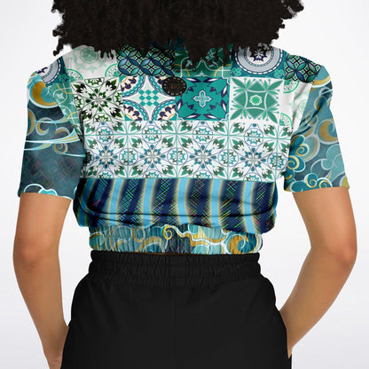 Green Meknes Mosaic Tile Eco-Poly Short Sleeve Cropped Pullover