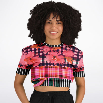 Pink Chrysanthemum Plaid Floral Eco-Poly Short Sleeve Cropped Pullover