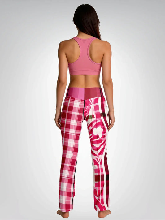 Cabbage Rose Pink Floral Plaid Flare Leggings
