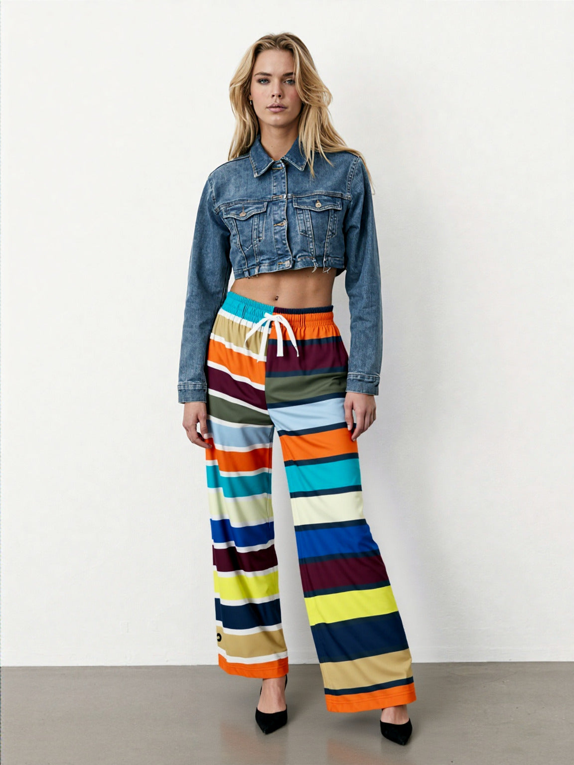 California Beach Girl Rugby Stripe Eco-Poly Wide Leg Pants