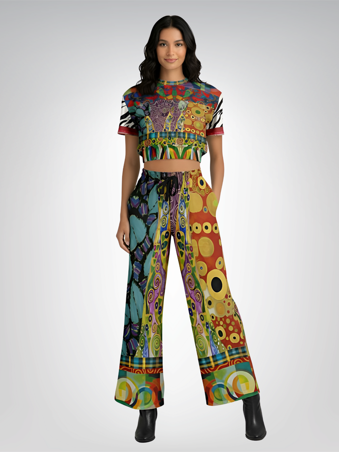 Call Me Fritza Art Deco Print Eco-Poly Short Sleeve Cropped Pullover