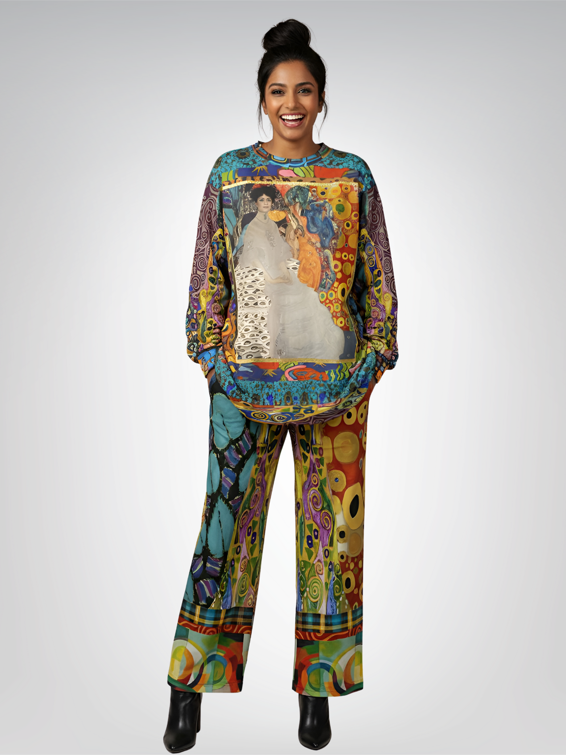 Call Me Fritza Art Deco Print Eco-Poly Wide Leg Pants