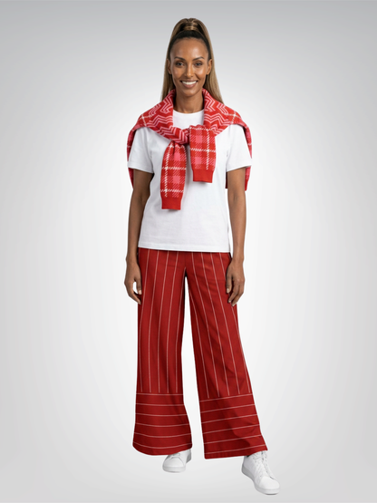 Pinstripes in Tomato and White Eco-Poly Wide Leg Pants