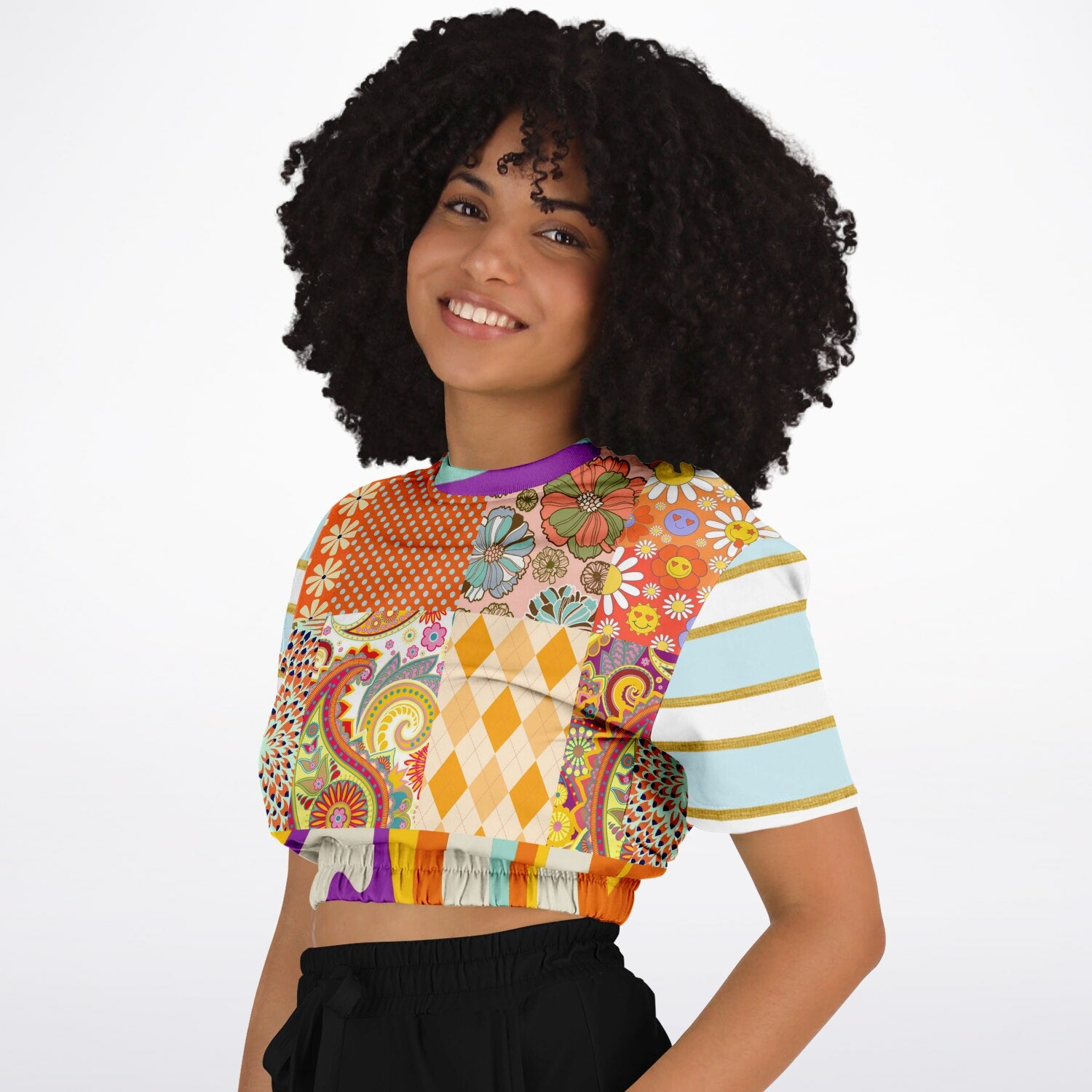 Happy Valley Retro Floral Patchwork Eco-Poly Short Sleeve Cropped Pullover