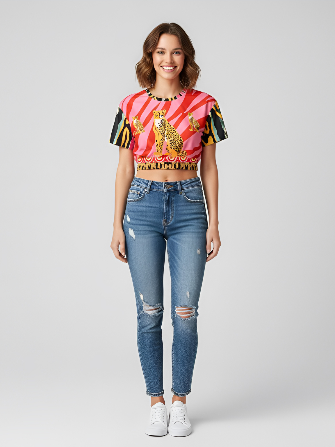 Cheetah in Pink Tiger Stripes Eco-Poly Short Sleeve Cropped Pullover