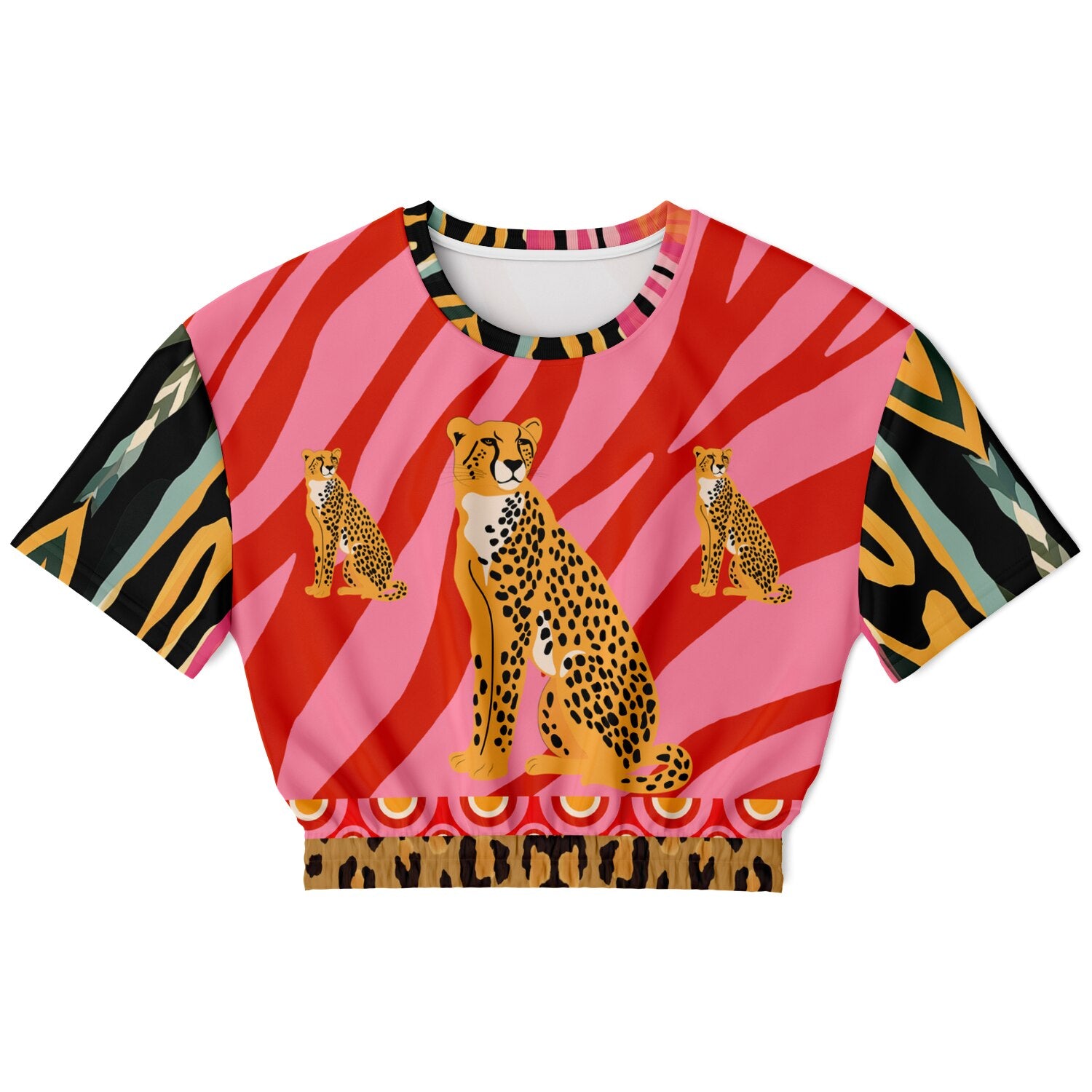 Cheetah in Pink Tiger Stripes Eco-Poly Short Sleeve Cropped Pullover