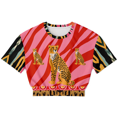 Cheetah in Pink Tiger Stripes Eco-Poly Short Sleeve Cropped Pullover