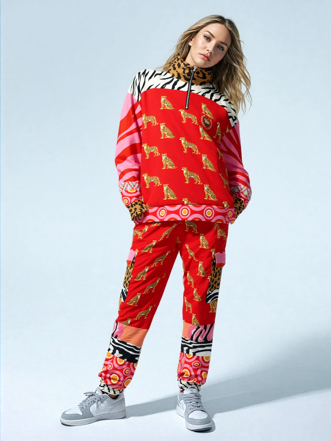 Cheetah in Pink Zebra Stripes Heavyweight Quarter Zip Unisex Pullover