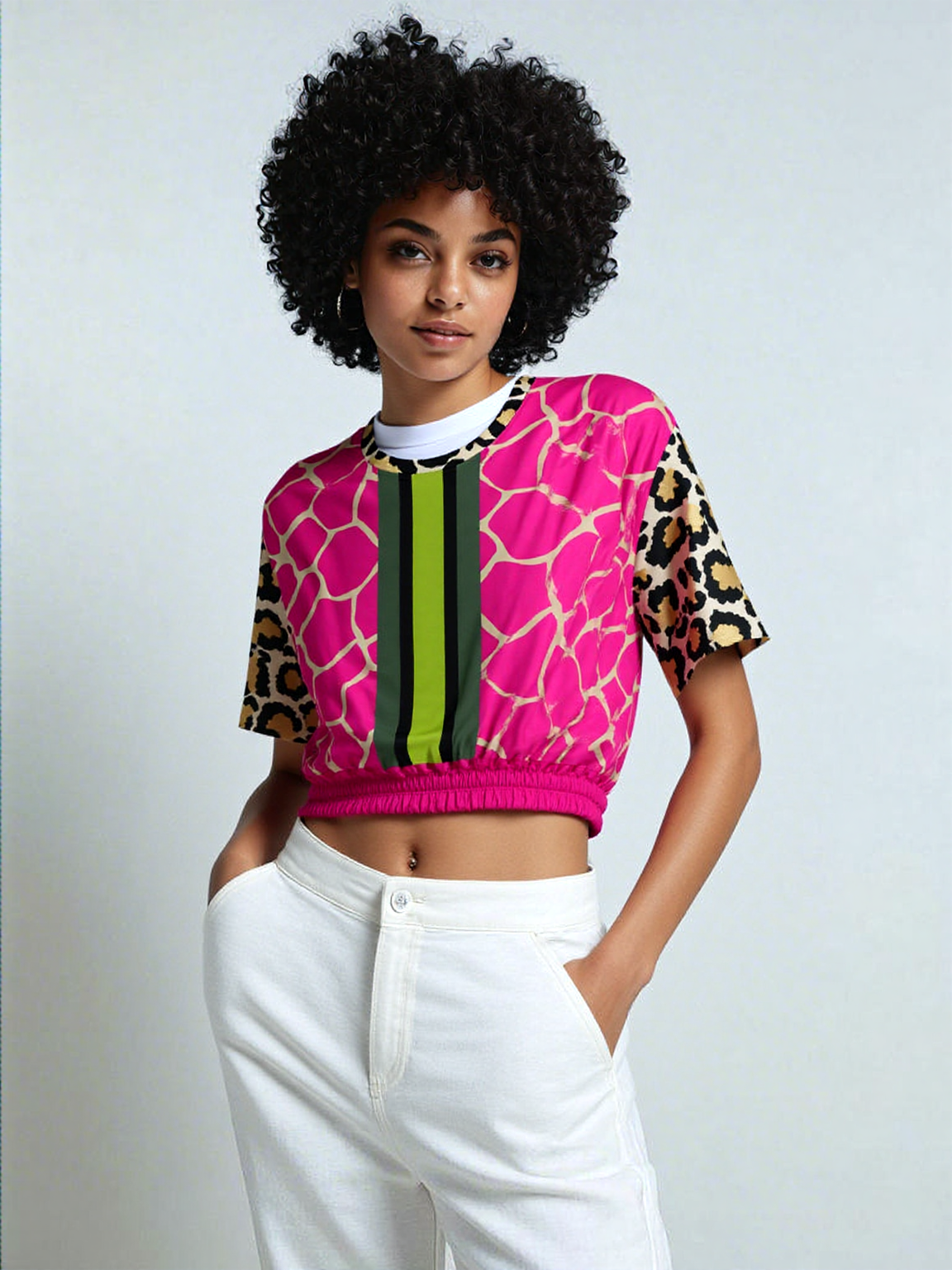 Cheetah Time 1863 Neon Stripe Eco-Poly Short Sleeve Cropped Pullover