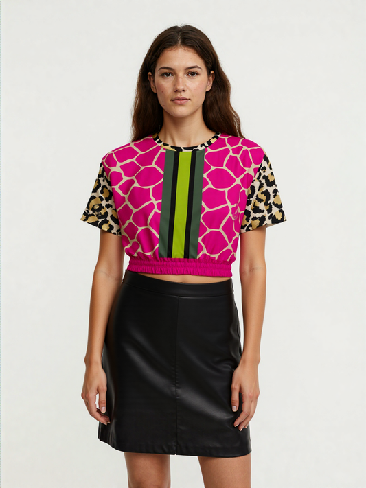 Cheetah Time 1863 Neon Stripe Eco-Poly Short Sleeve Cropped Pullover