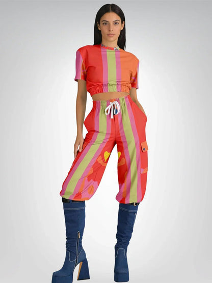 Chili Pepper Colorblock Trio Stripe Eco-Poly Wide Leg Pants