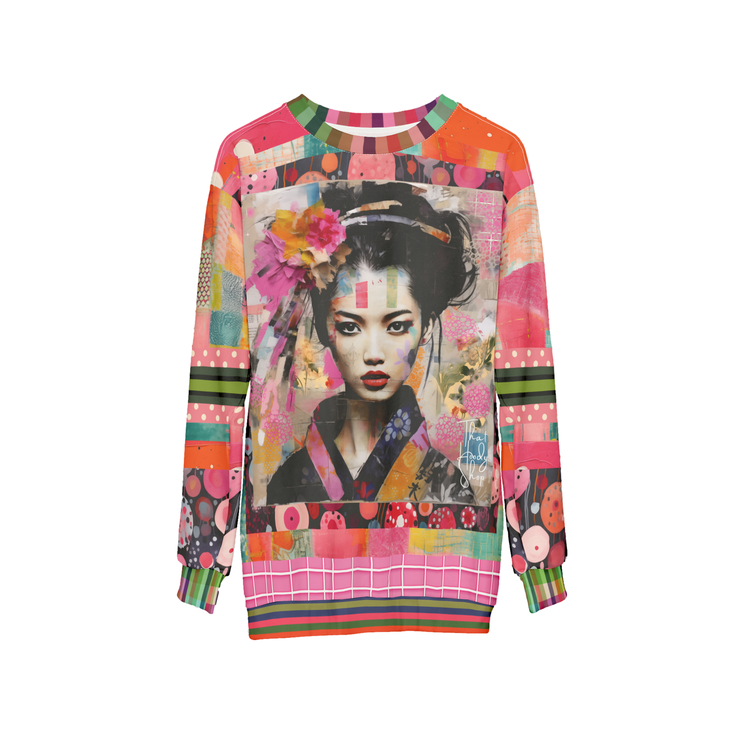 China Girl in Pink Mixed Media Patchwork Print Unisex Sweatshirt (Gold Label)