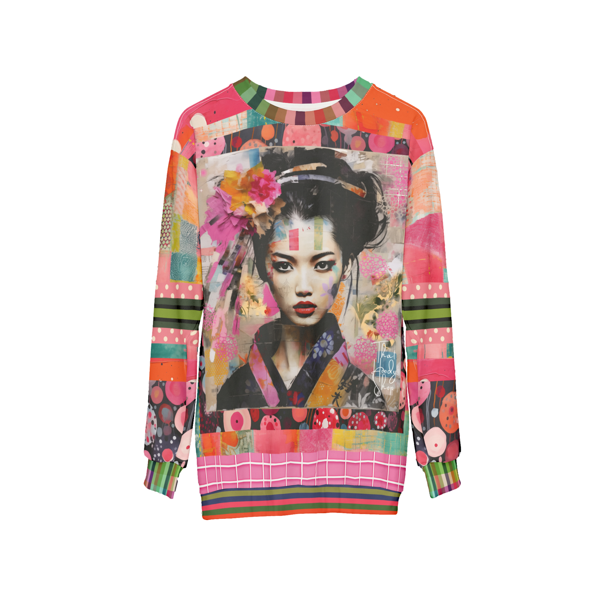 China Girl in Pink Mixed Media Patchwork Print Unisex Sweatshirt (Gold Label)