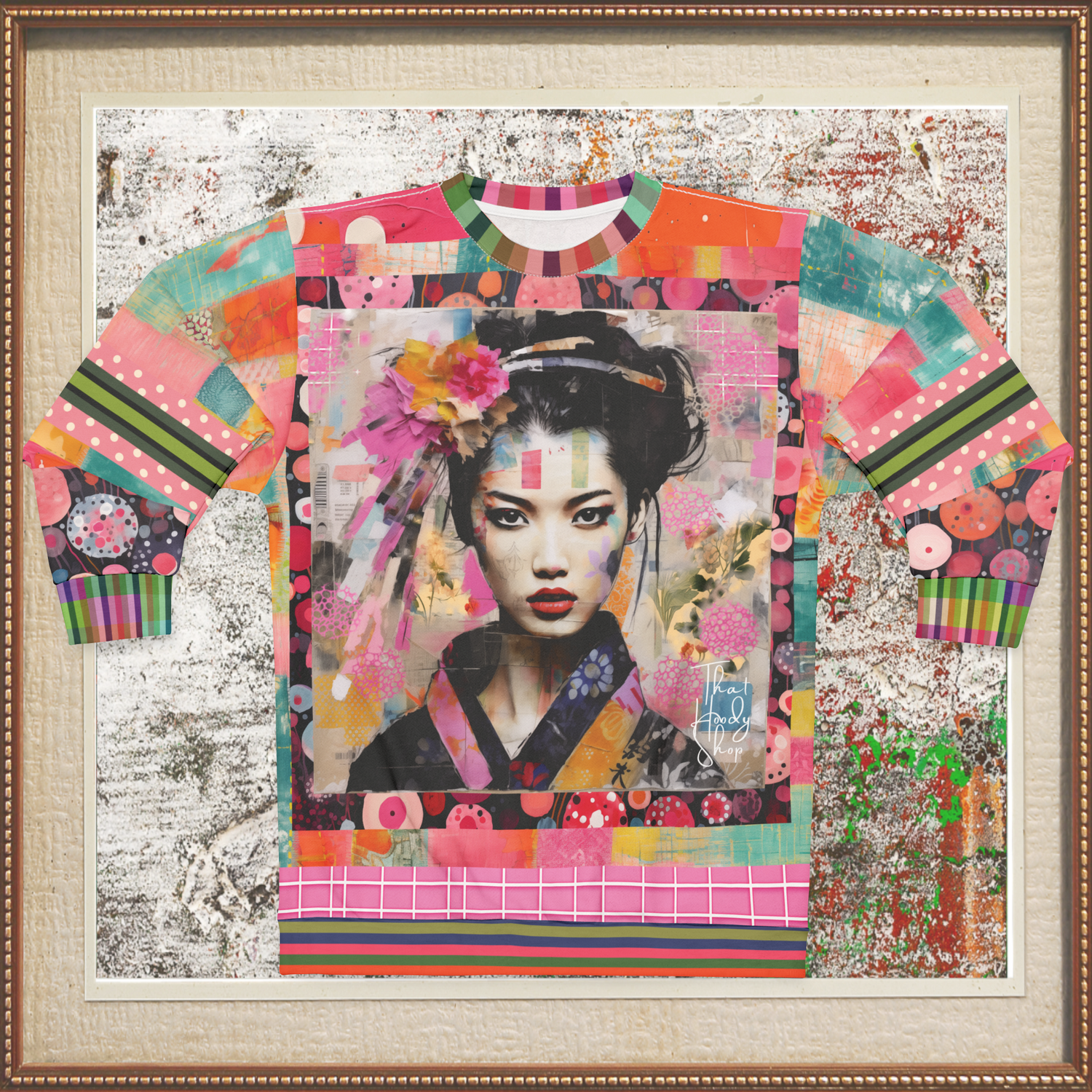 China Girl in Pink Mixed Media Patchwork Print Unisex Sweatshirt (Gold Label)