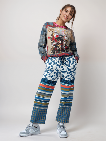 Blue Vine Over You Floral Stripe Eco-Poly Wide Leg Pants