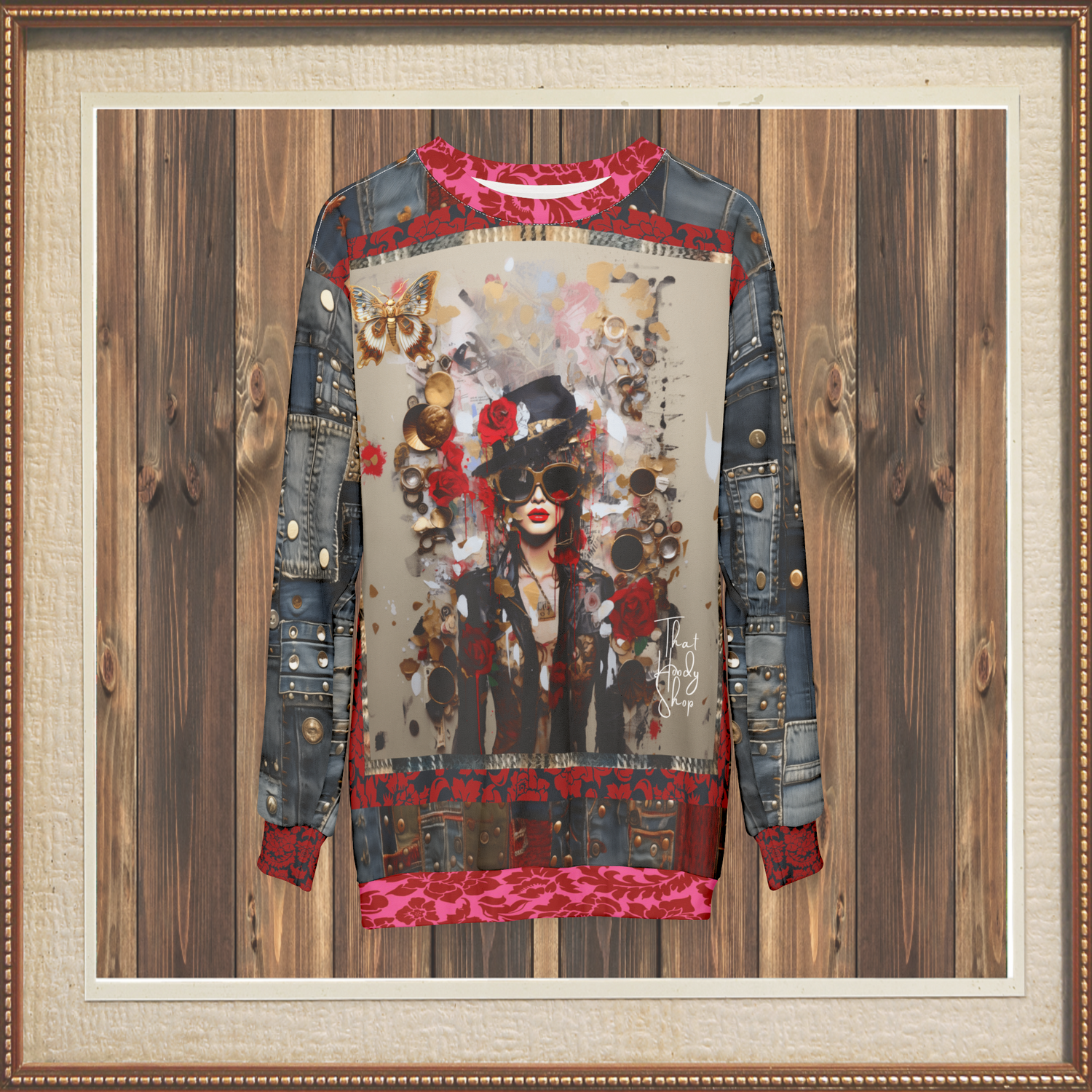 City Girl on Edge Steampunk Style Denim Patchwork Print Unisex Sweatshirt (Gold Label)