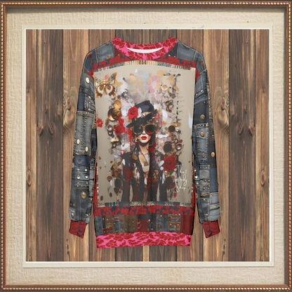 City Girl on Edge Steampunk Style Denim Patchwork Print Unisex Sweatshirt (Gold Label)