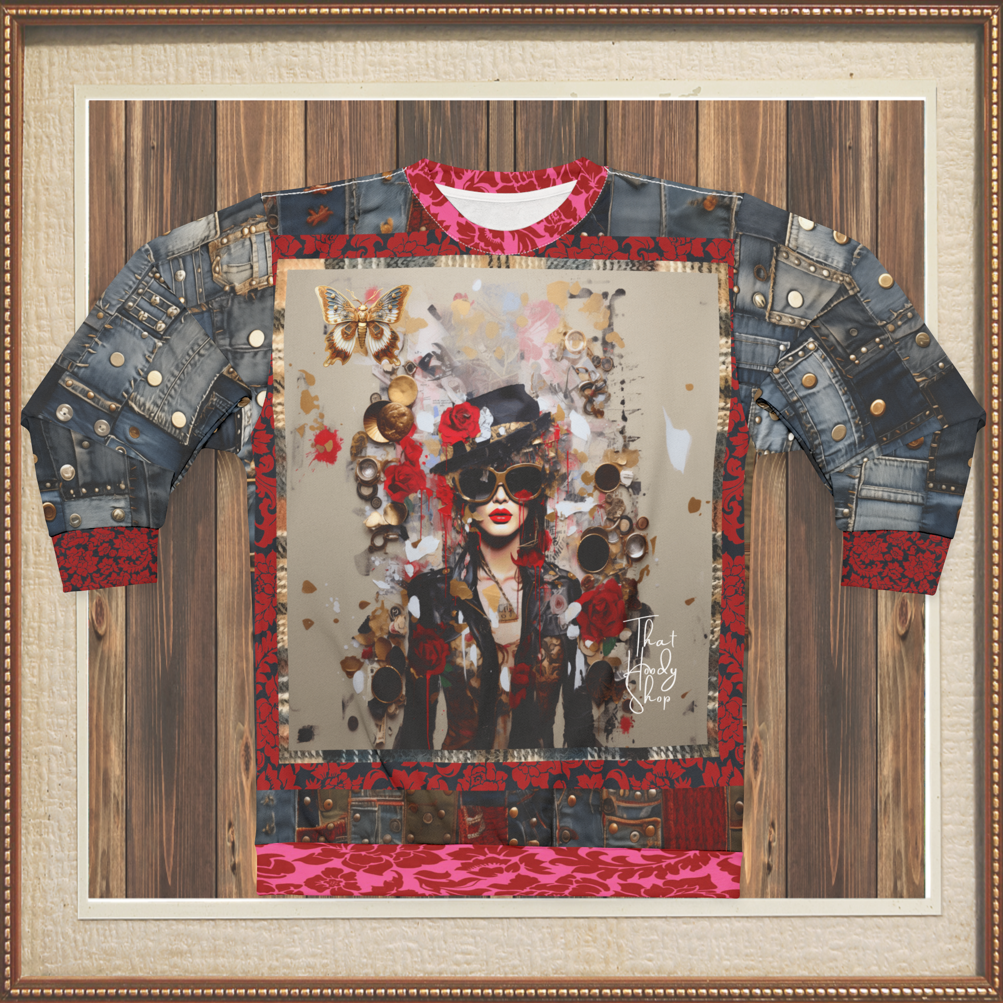 City Girl on Edge Steampunk Style Denim Patchwork Print Unisex Sweatshirt (Gold Label)