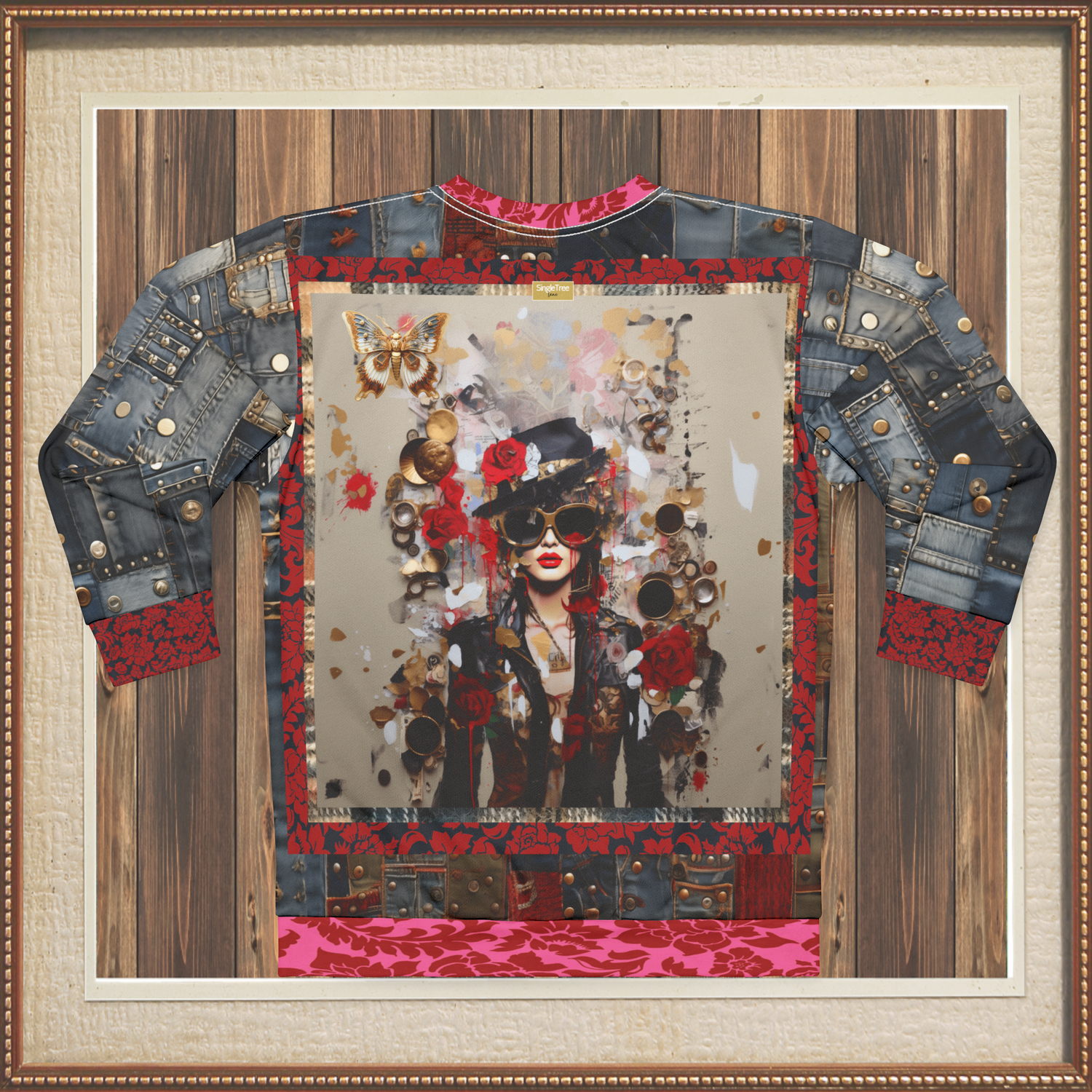 City Girl on Edge Steampunk Style Denim Patchwork Print Unisex Sweatshirt (Gold Label)