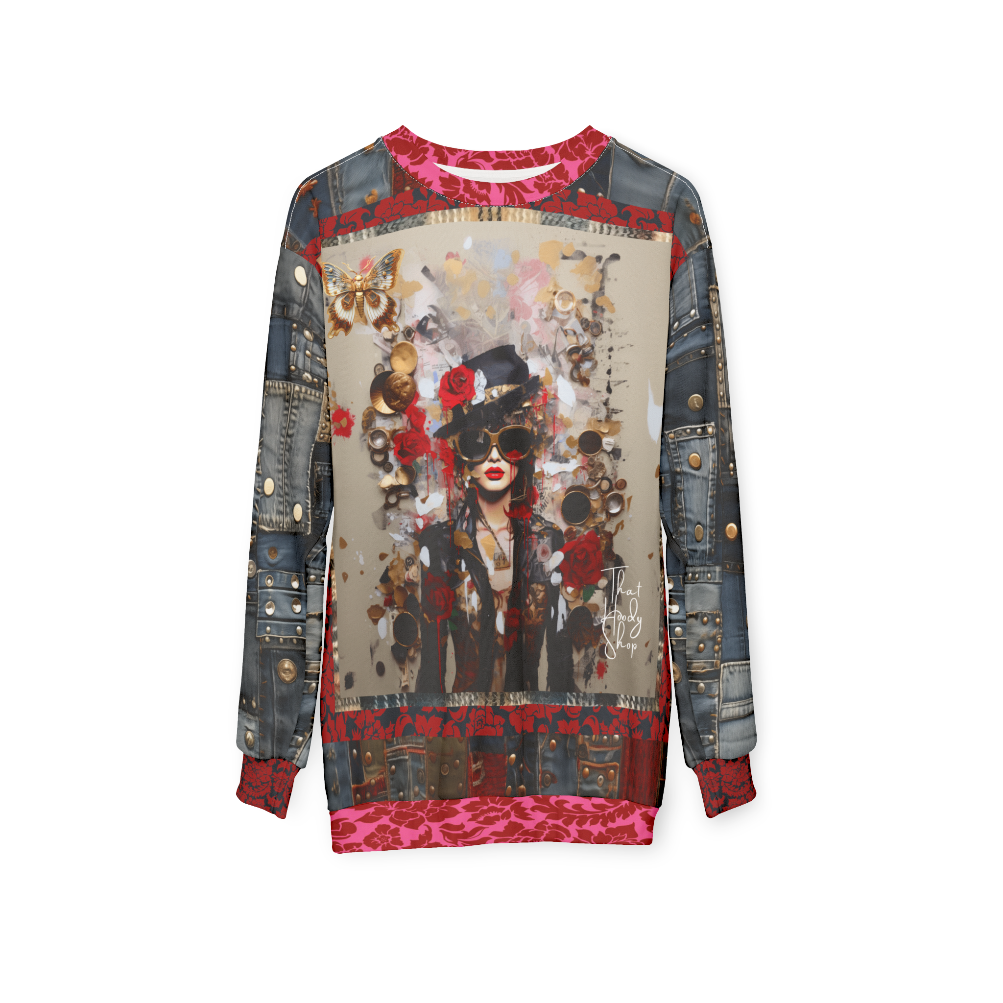 City Girl on Edge Steampunk Style Denim Patchwork Print Unisex Sweatshirt (Gold Label)