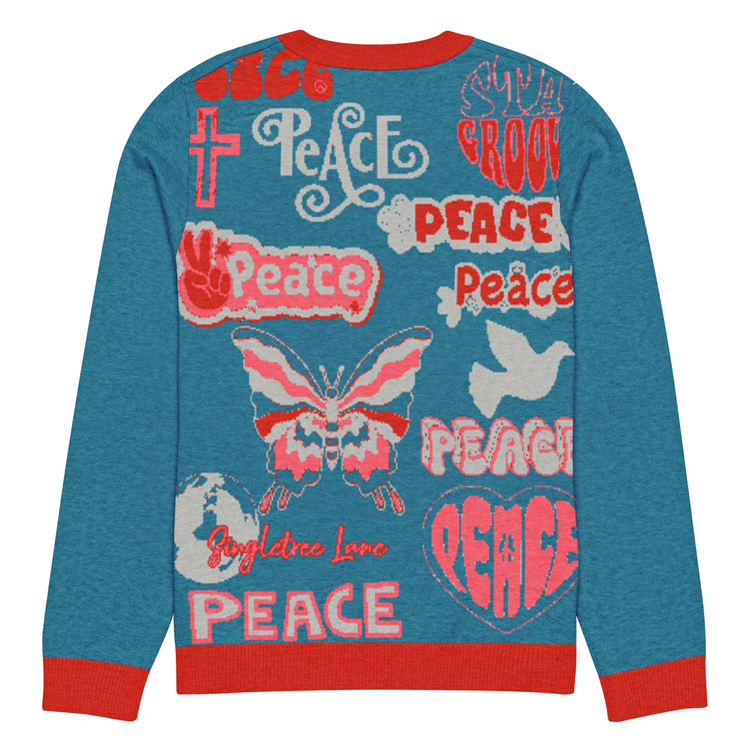 Back side of a blue sweater with peace-themed designs on a white background