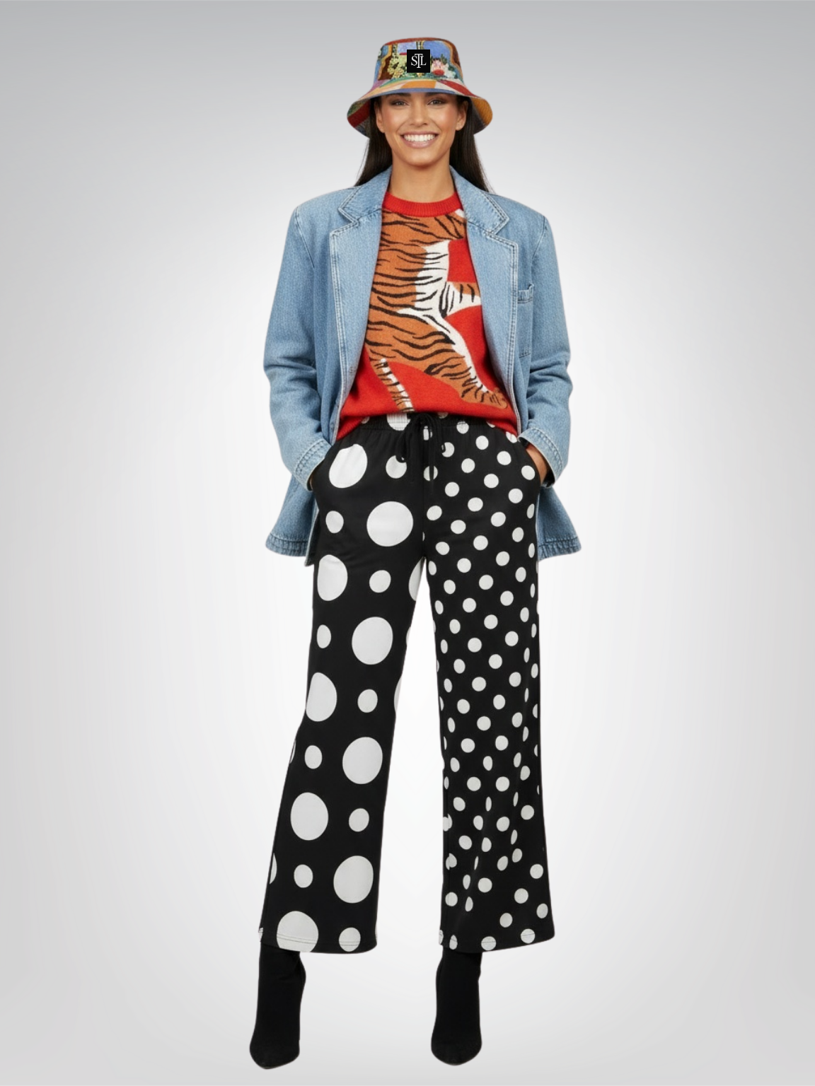 Bubbles in Black and White Eco-Poly Wide Leg Pants