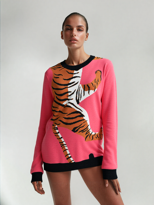 Climbing to the Top in Coral Pink Knitted Crewneck Sweater