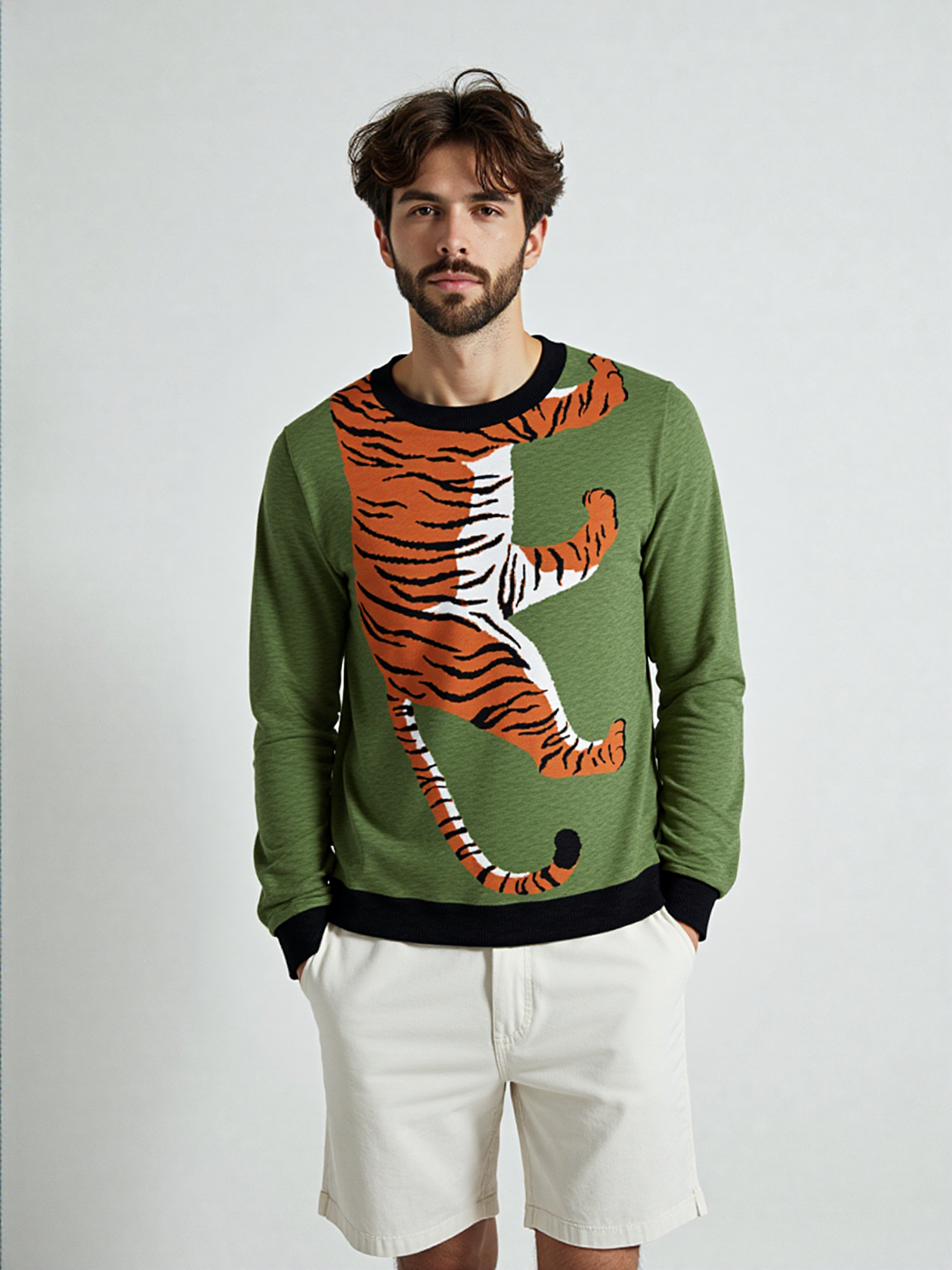 Climbing to the Top in Green Knitted Crewneck Sweater