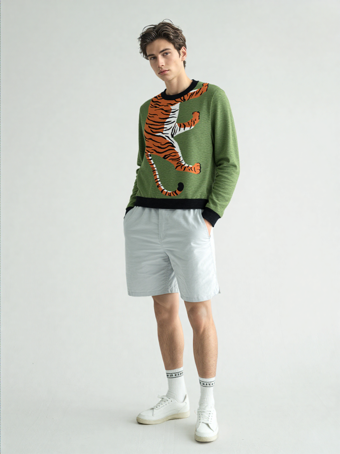 Climbing to the Top in Green Knitted Crewneck Sweater