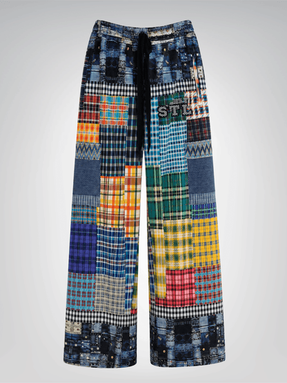 Collegiate Plaid Patchwork Cargo Jogger Pants