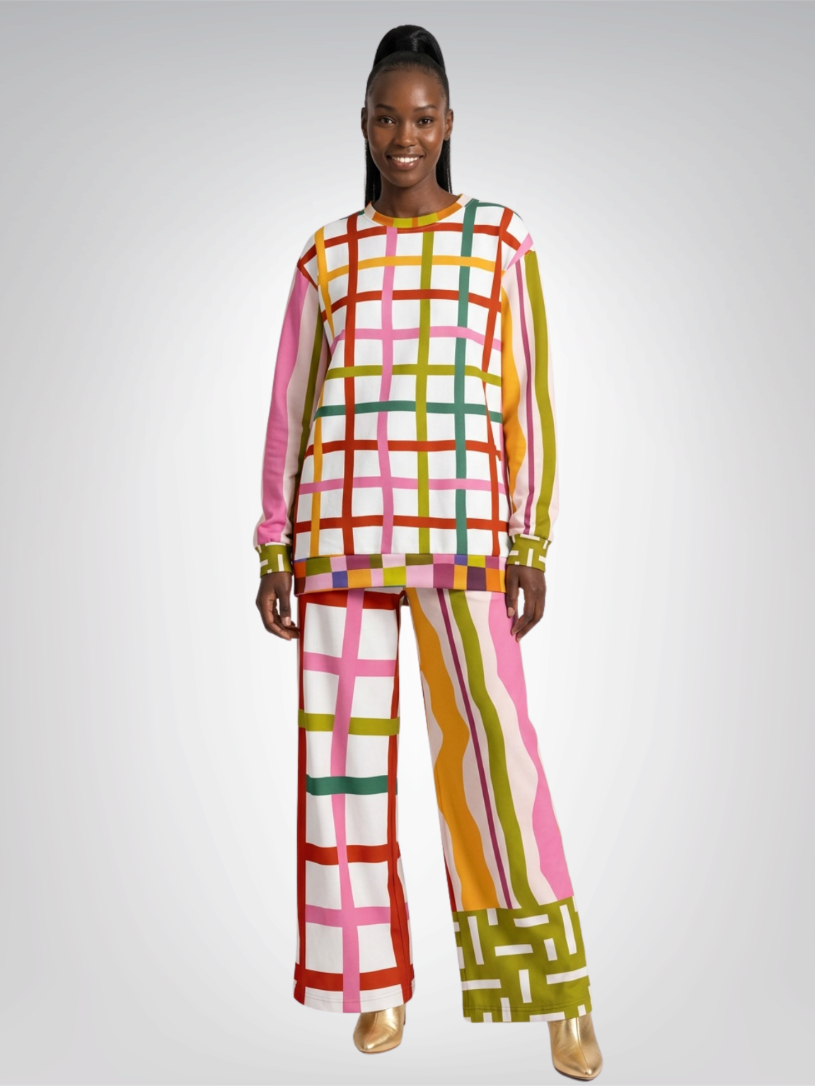Colorful Ribbon Riot in Plaid and Stripe Eco-Poly Wide Leg Pants
