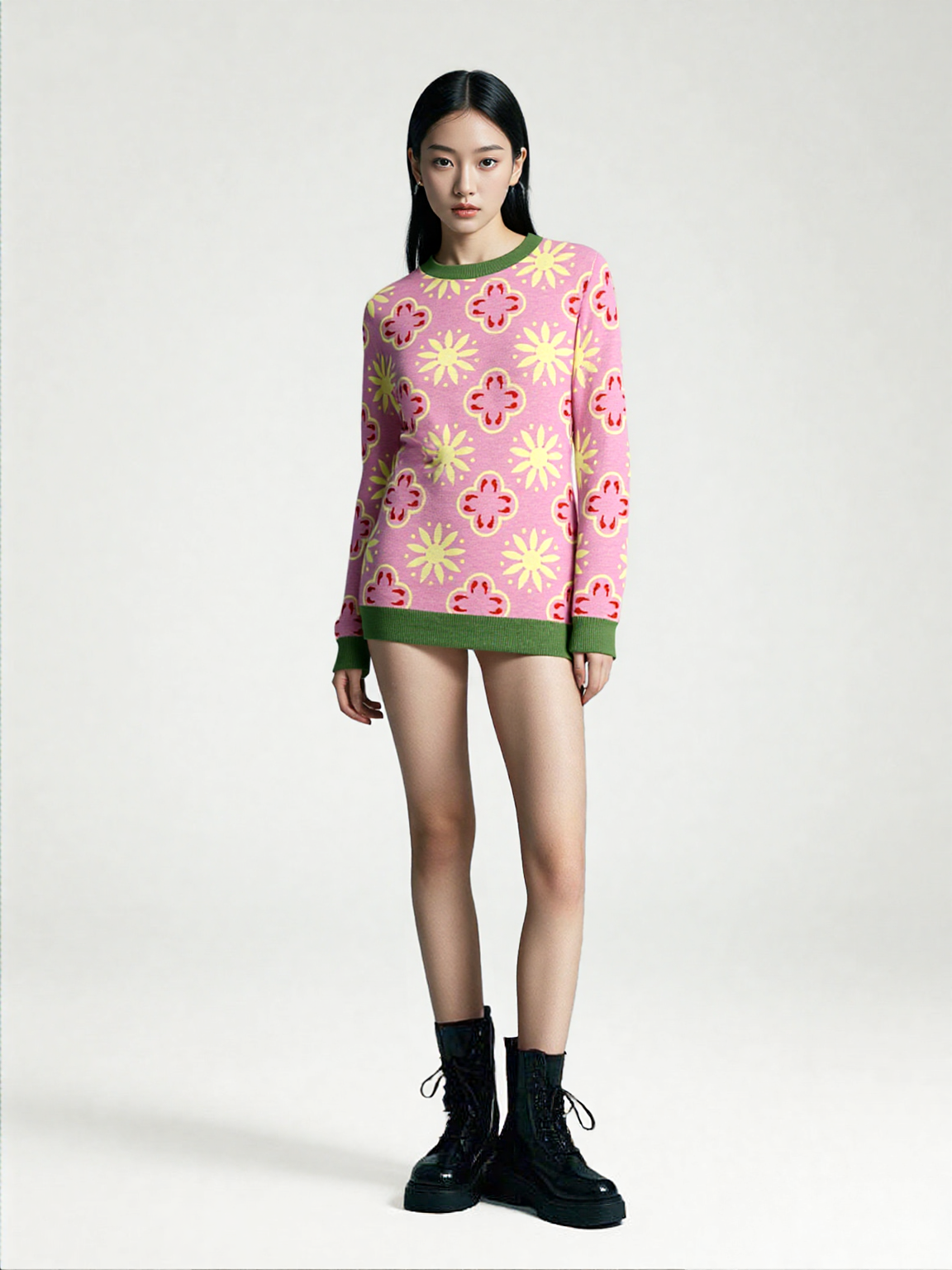 Coming Up Flowers in Pink Knitted Crewneck Sweater