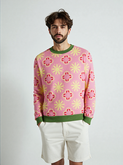 Coming Up Flowers in Pink Knitted Crewneck Sweater
