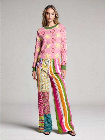 Coming Up Flowers in Pink Knitted Crewneck Sweater