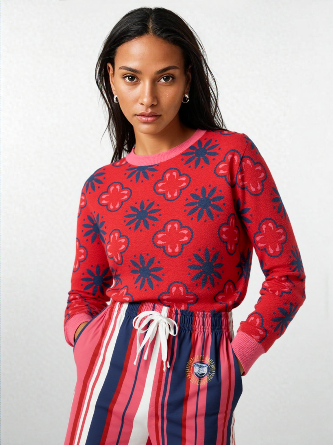 Coming Up Flowers in Red Knitted Crewneck Sweater