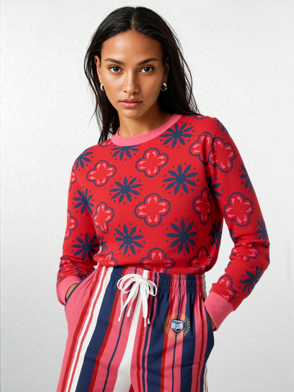 Coming Up Flowers in Red Knitted Crewneck Sweater