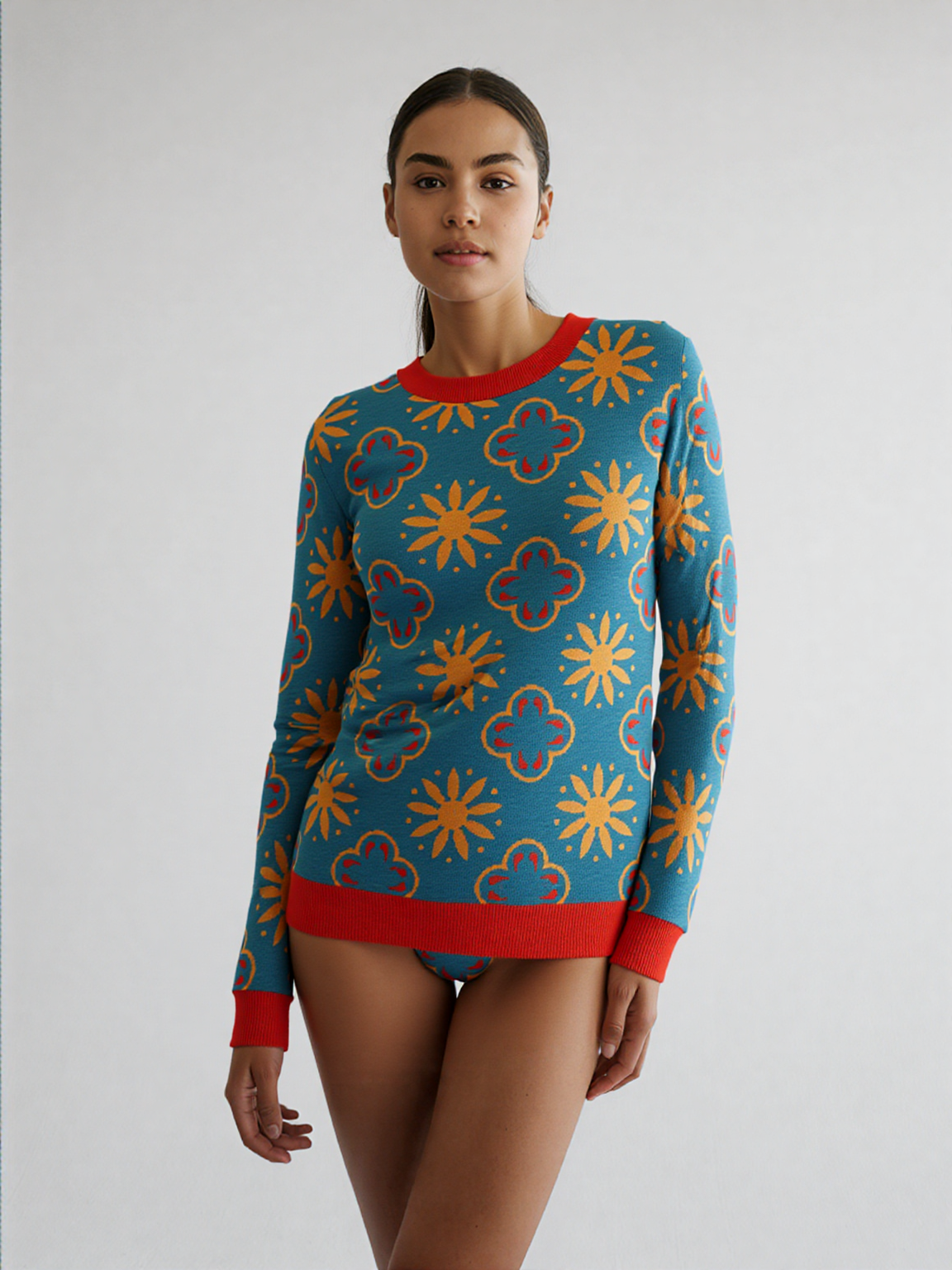 Coming Up Flowers in Teal Blue Knitted Crewneck Sweater