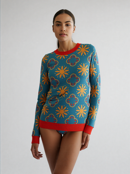 Coming Up Flowers in Teal Blue Knitted Crewneck Sweater