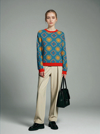 Coming Up Flowers in Teal Blue Knitted Crewneck Sweater