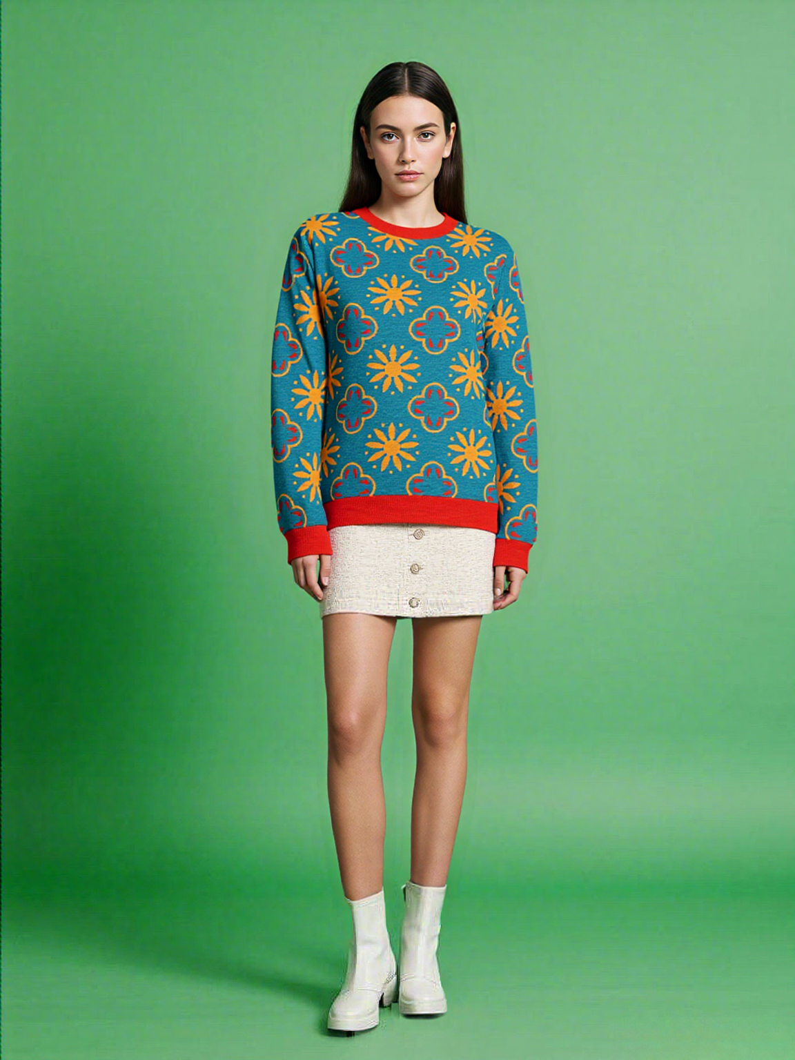 Coming Up Flowers in Teal Blue Knitted Crewneck Sweater