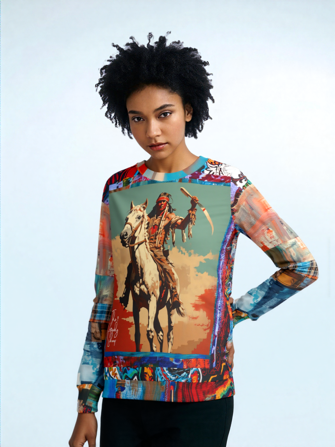 Commanche Warrior of the Great Plains Patchwork Print Unisex Sweatshirt (Gold Label)
