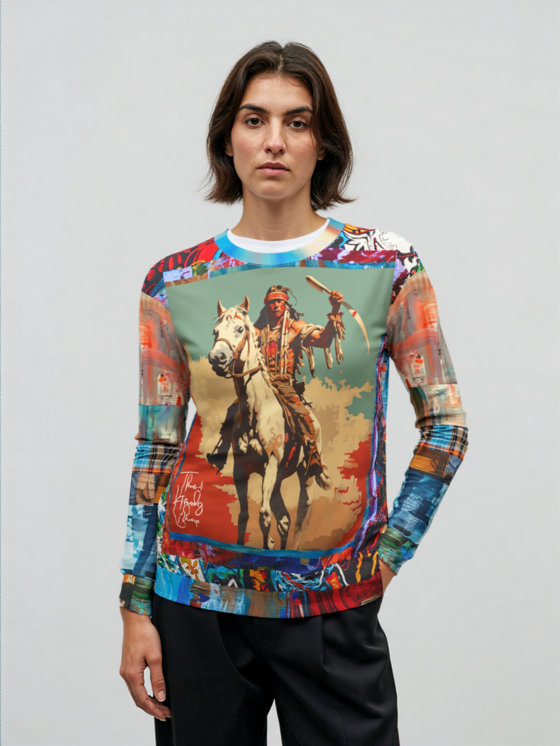 Commanche Warrior of the Great Plains Patchwork Print Unisex Sweatshirt (Gold Label)