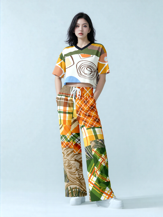 Orange Extrapolation Harvest Plaid Patchwork Eco-Poly Wide Leg Pants
