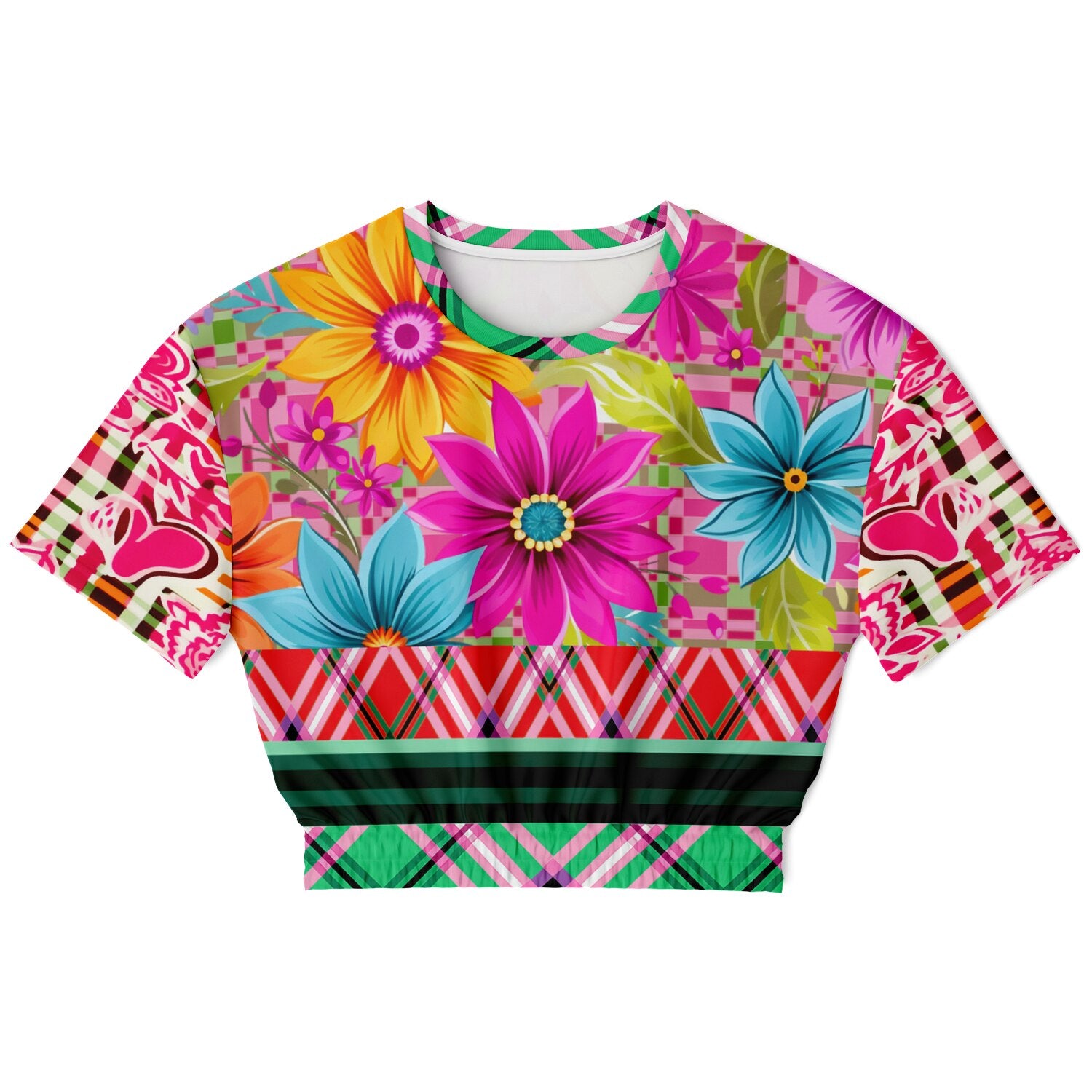 Cool Pink Jubilee Red Plaid Eco-Poly Short Sleeve Cropped Pullover