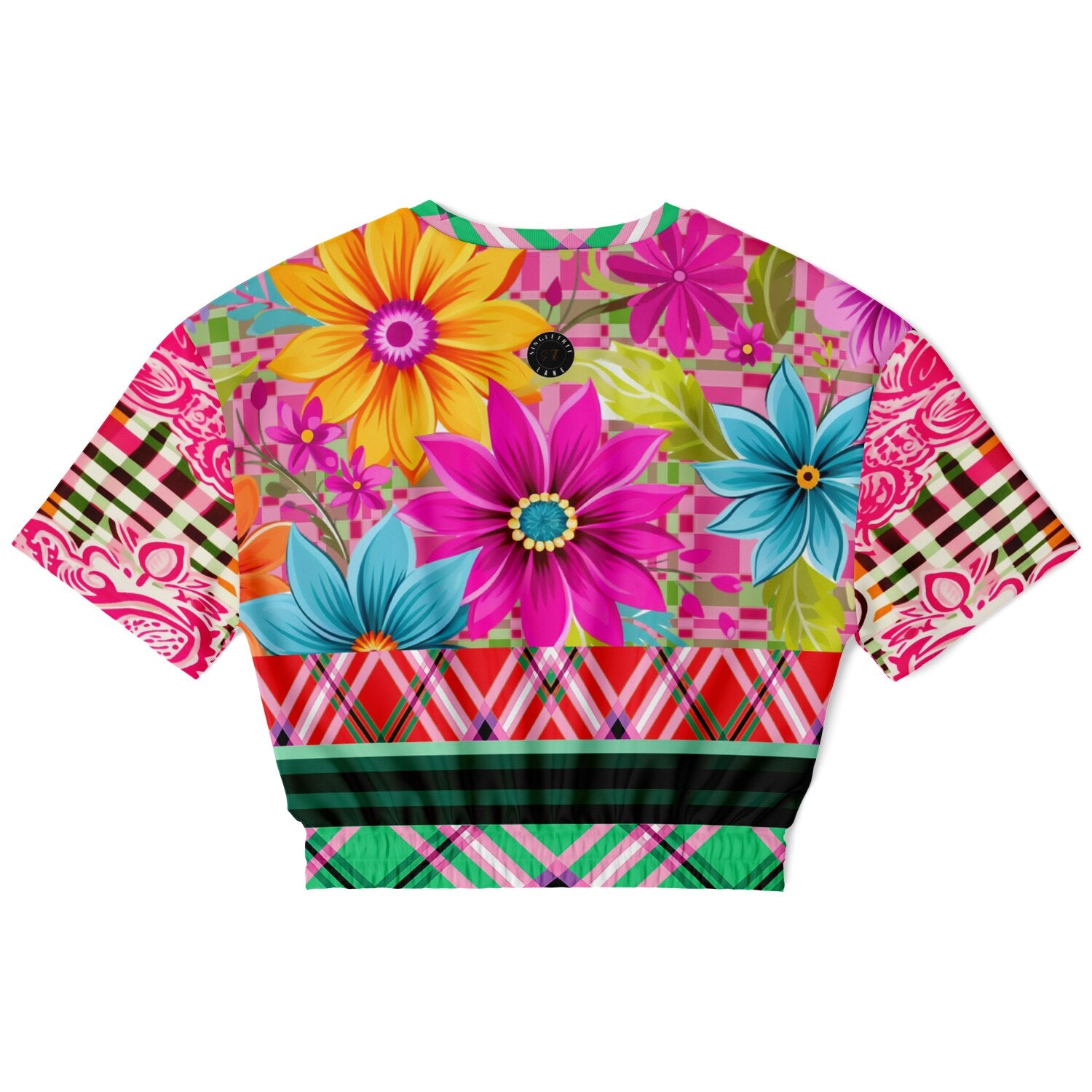 Cool Pink Jubilee Red Plaid Eco-Poly Short Sleeve Cropped Pullover