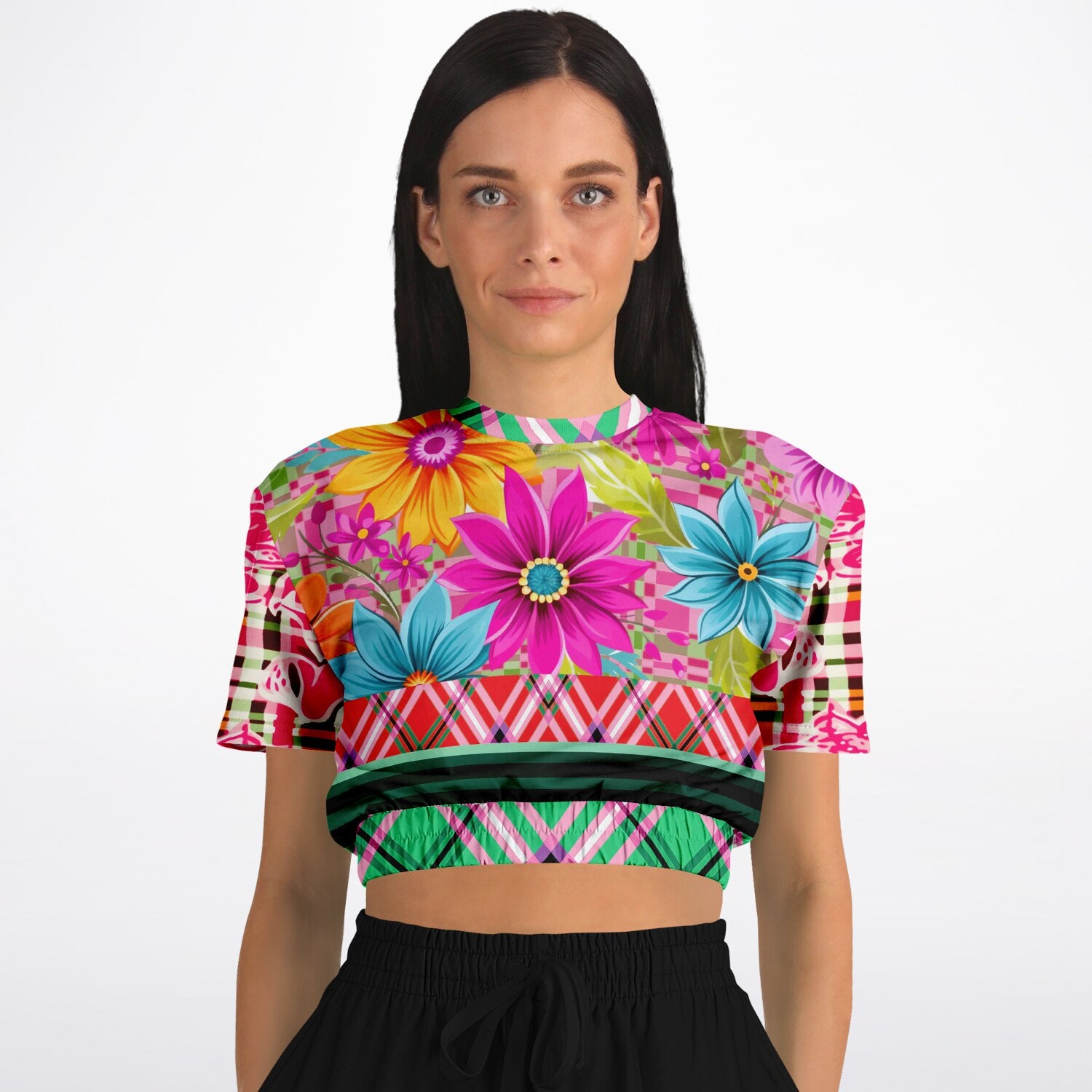 Cool Pink Jubilee Red Plaid Eco-Poly Short Sleeve Cropped Pullover